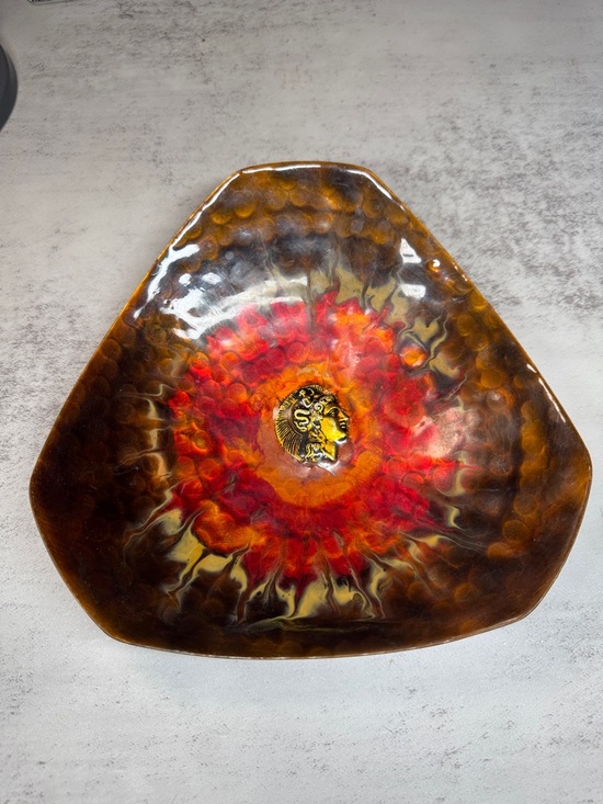 Other - Vintage hammered copper and enamel triangular bowl